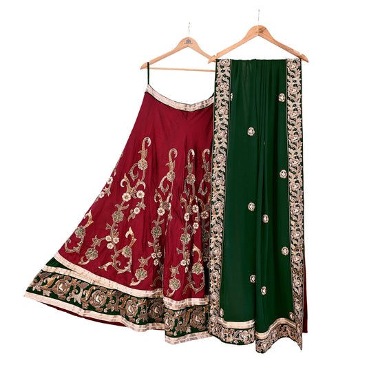 Indian Pre-Owned Party Wear Green & maroon Raw Silk, Pure Georgette Silk Hand Embroidered Lehenga 2pcs Set Designer By Anamika Khanna