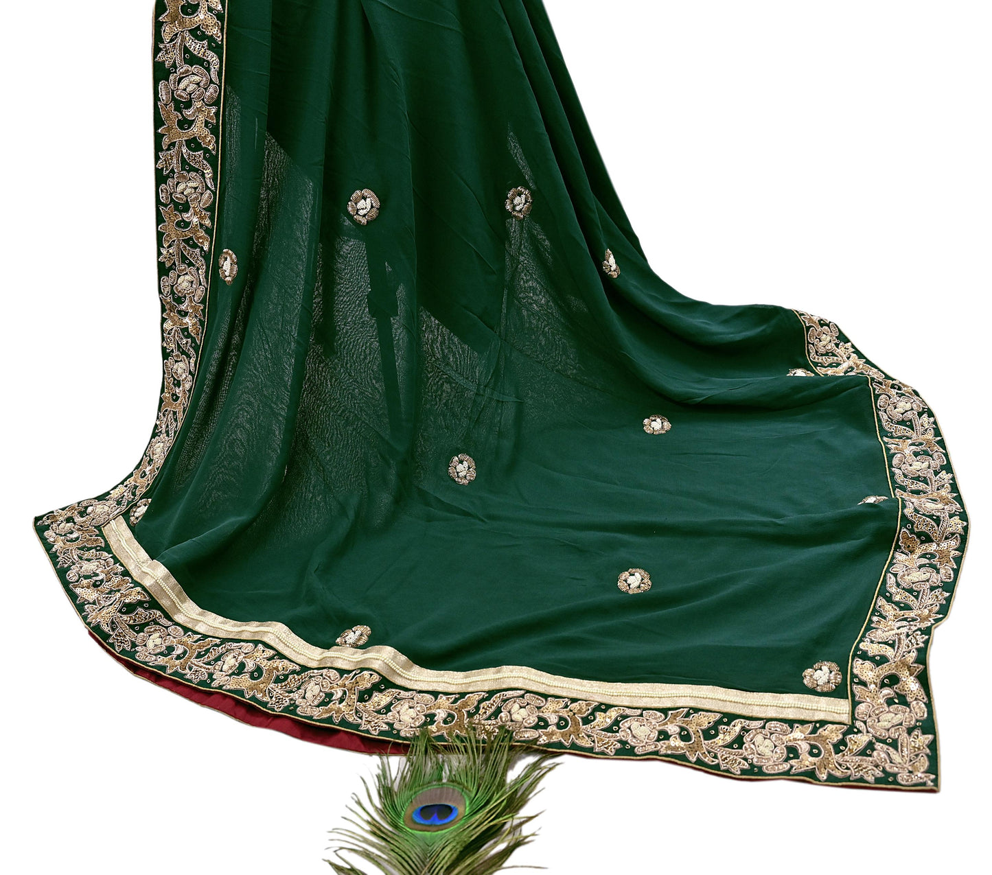 Indian Pre-Owned Party Wear Green & maroon Raw Silk, Pure Georgette Silk Hand Embroidered Lehenga 2pcs Set Designer By Anamika Khanna