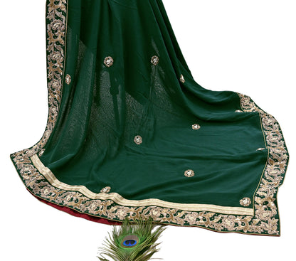 Indian Pre-Owned Party Wear Green & maroon Raw Silk, Pure Georgette Silk Hand Embroidered Lehenga 2pcs Set Designer By Anamika Khanna