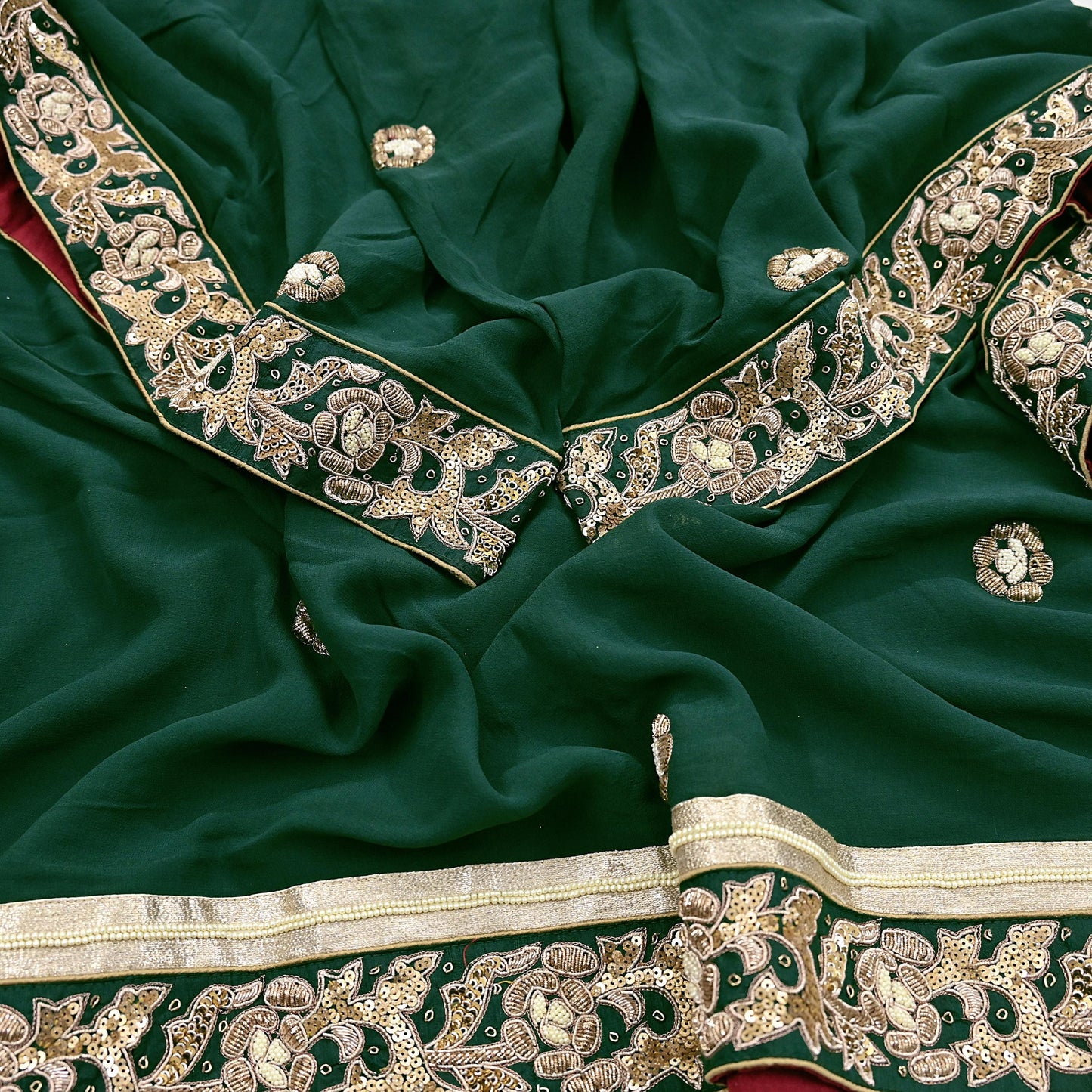 Indian Pre-Owned Party Wear Green & maroon Raw Silk, Pure Georgette Silk Hand Embroidered Lehenga 2pcs Set Designer By Anamika Khanna