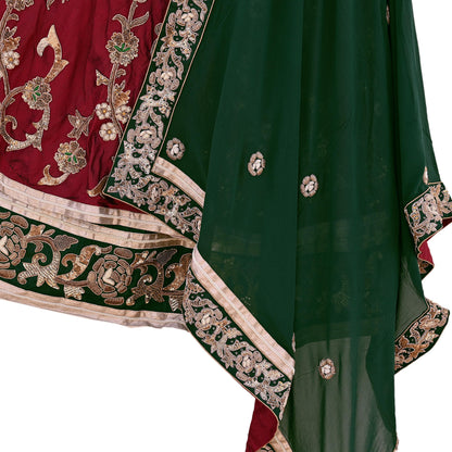 Indian Pre-Owned Party Wear Green & maroon Raw Silk, Pure Georgette Silk Hand Embroidered Lehenga 2pcs Set Designer By Anamika Khanna