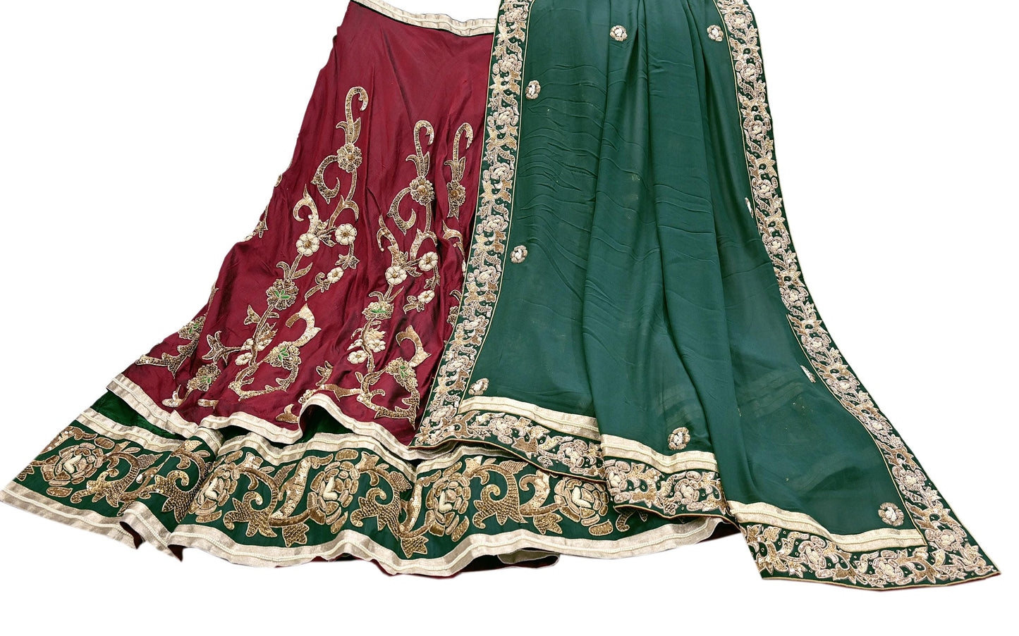 Indian Pre-Owned Party Wear Green & maroon Raw Silk, Pure Georgette Silk Hand Embroidered Lehenga 2pcs Set Designer By Anamika Khanna