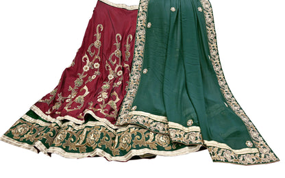 Indian Pre-Owned Party Wear Green & maroon Raw Silk, Pure Georgette Silk Hand Embroidered Lehenga 2pcs Set Designer By Anamika Khanna