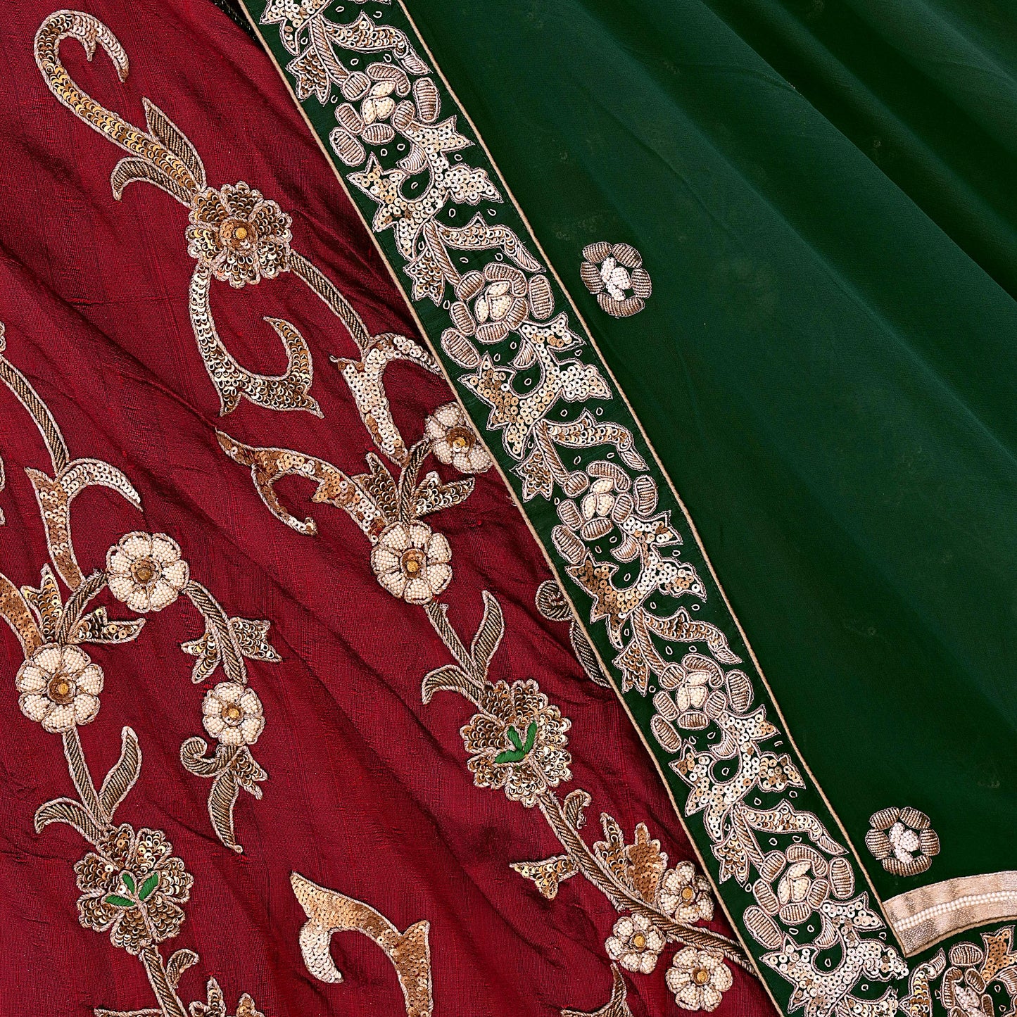 Indian Pre-Owned Party Wear Green & maroon Raw Silk, Pure Georgette Silk Hand Embroidered Lehenga 2pcs Set Designer By Anamika Khanna