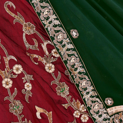 Indian Pre-Owned Party Wear Green & maroon Raw Silk, Pure Georgette Silk Hand Embroidered Lehenga 2pcs Set Designer By Anamika Khanna