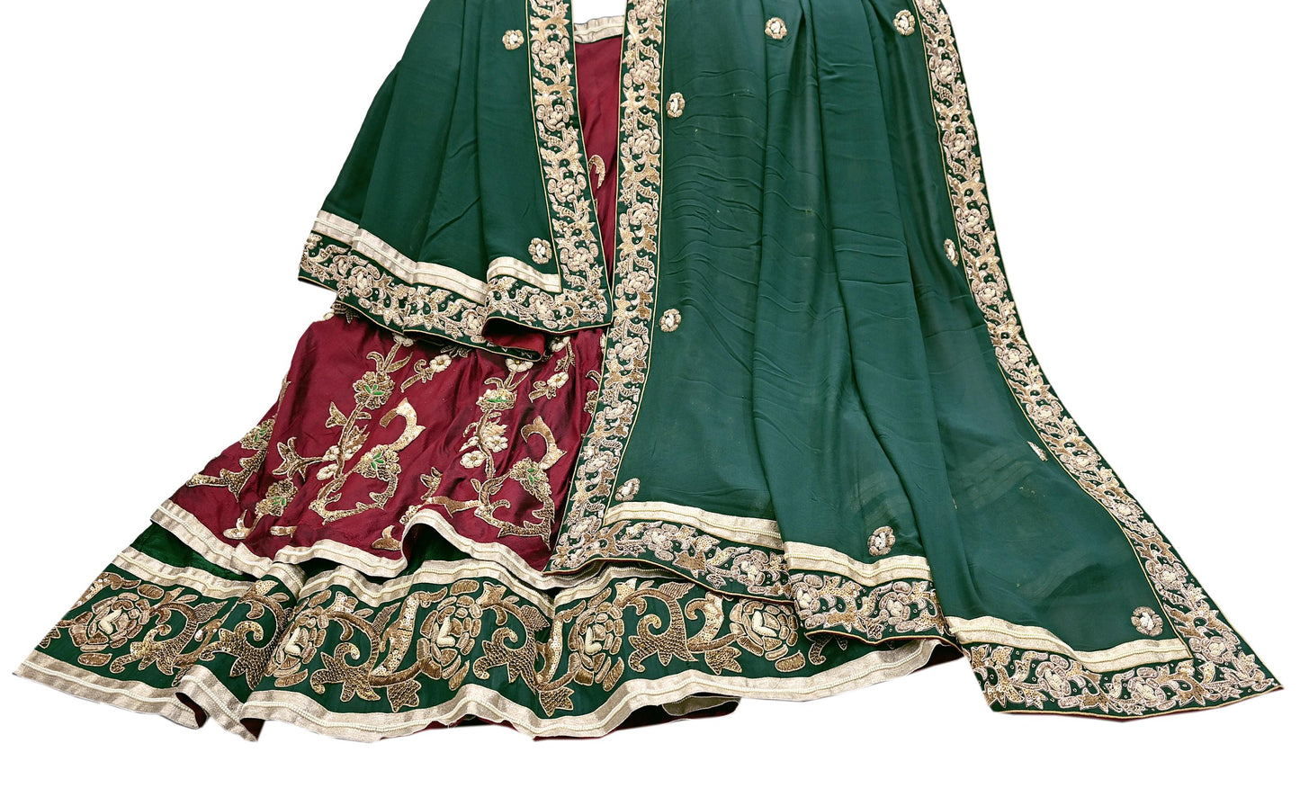 Indian Pre-Owned Party Wear Green & maroon Raw Silk, Pure Georgette Silk Hand Embroidered Lehenga 2pcs Set Designer By Anamika Khanna