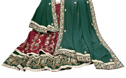 Indian Pre-Owned Party Wear Green & maroon Raw Silk, Pure Georgette Silk Hand Embroidered Lehenga 2pcs Set Designer By Anamika Khanna