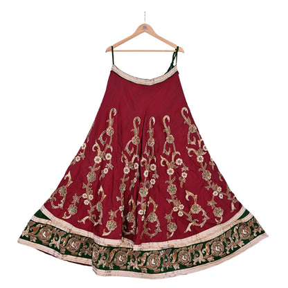 Indian Pre-Owned Party Wear Green & maroon Raw Silk, Pure Georgette Silk Hand Embroidered Lehenga 2pcs Set Designer By Anamika Khanna