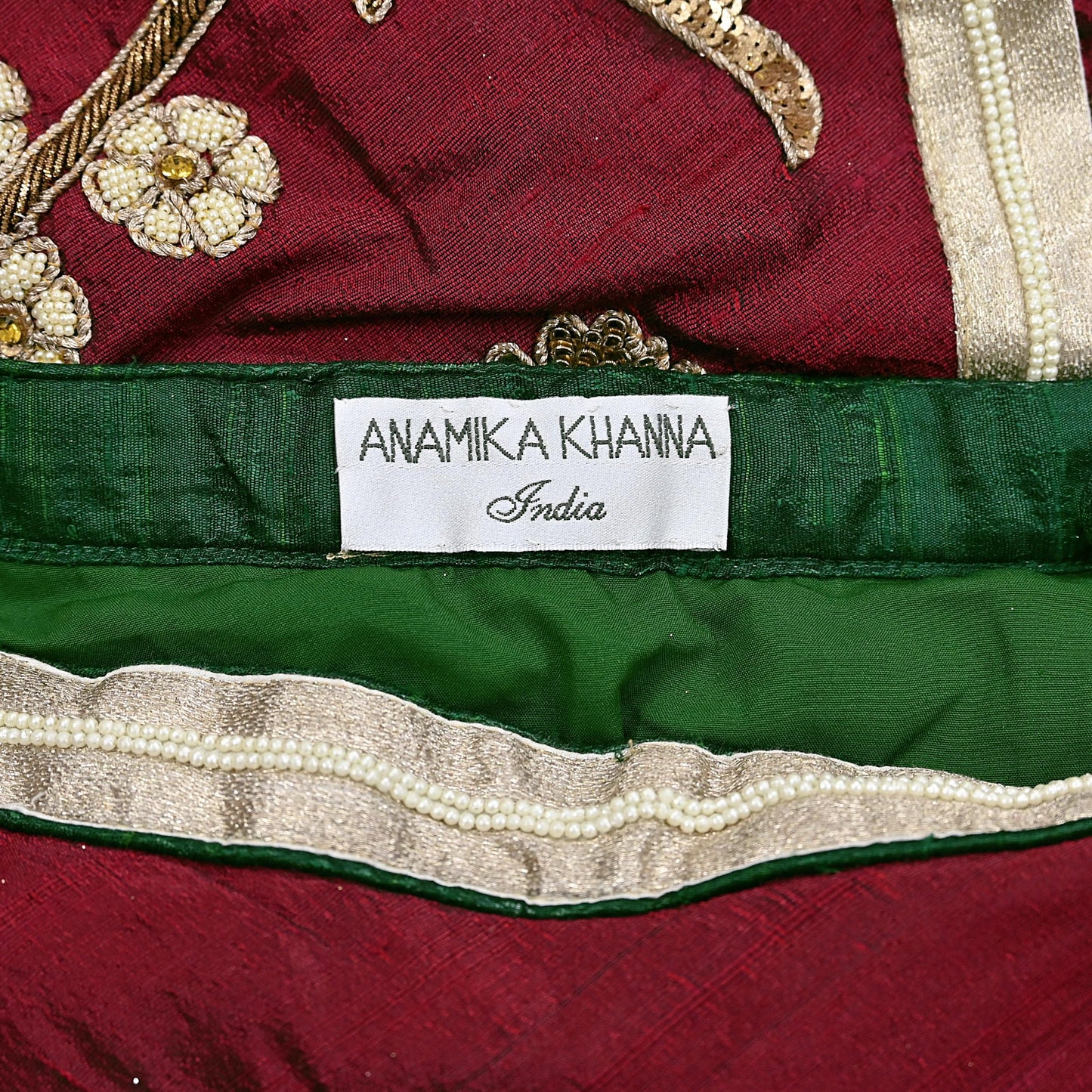 Party wear Heavy Maroon Raw Silk Hand Embroidered Lehenga Skirt by Designer Anamika Khanna Bridal Wear Indian Couture Fashion