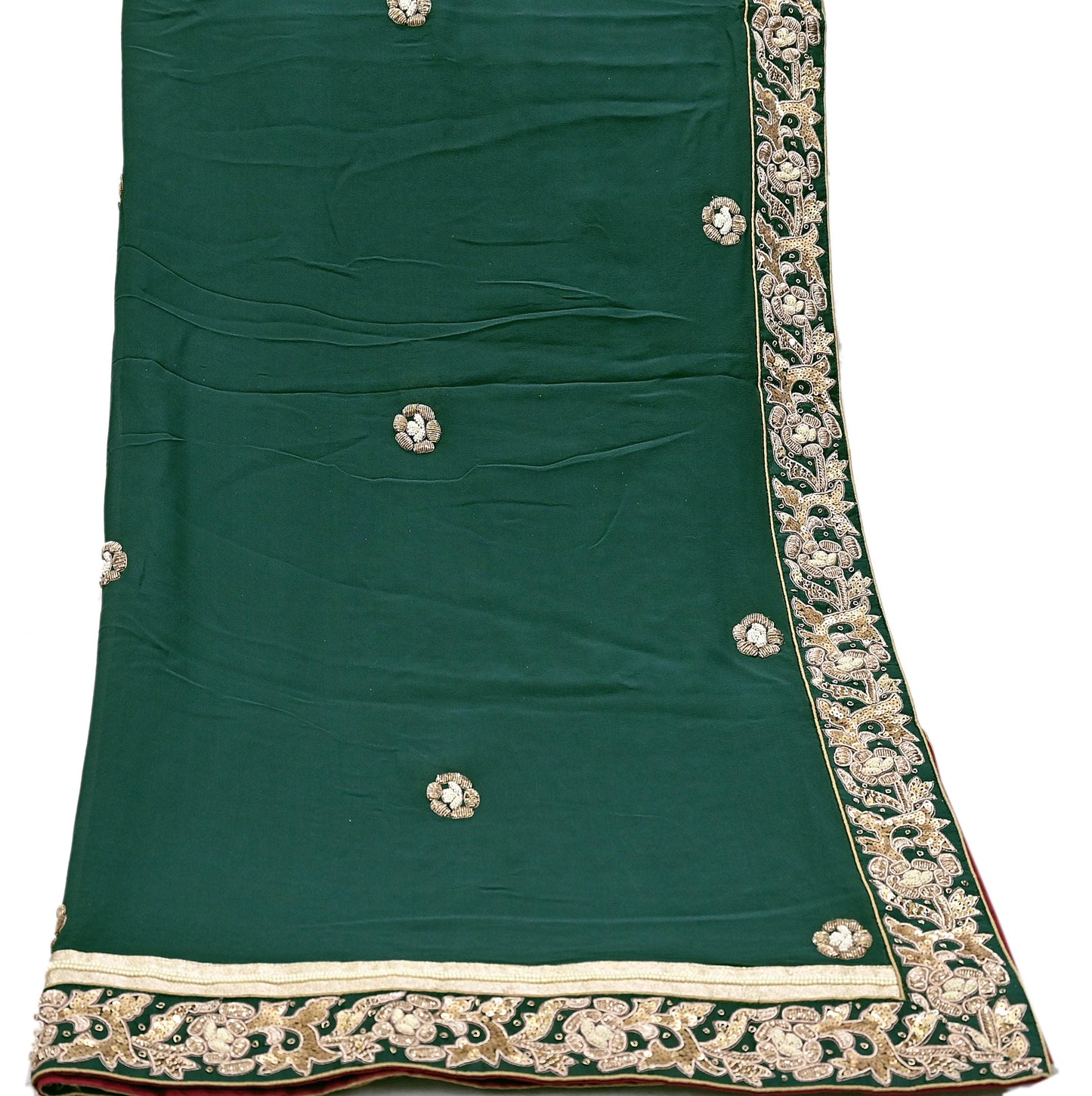 Indian Vintage Heavy Bottle Green Pure Georgette Silk Hand Embroidered Dupatta Designer By Anamika Khanna Bridal Wear Dabka Veil Hijab