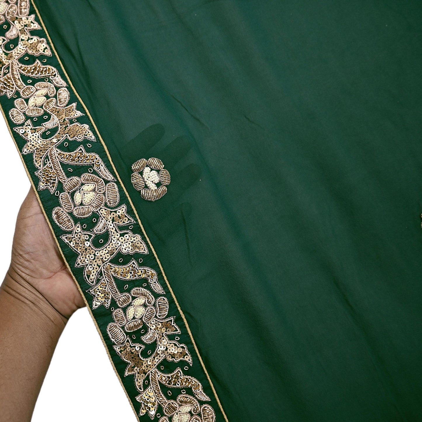 Indian Vintage Heavy Bottle Green Pure Georgette Silk Hand Embroidered Dupatta Designer By Anamika Khanna Bridal Wear Dabka Veil Hijab