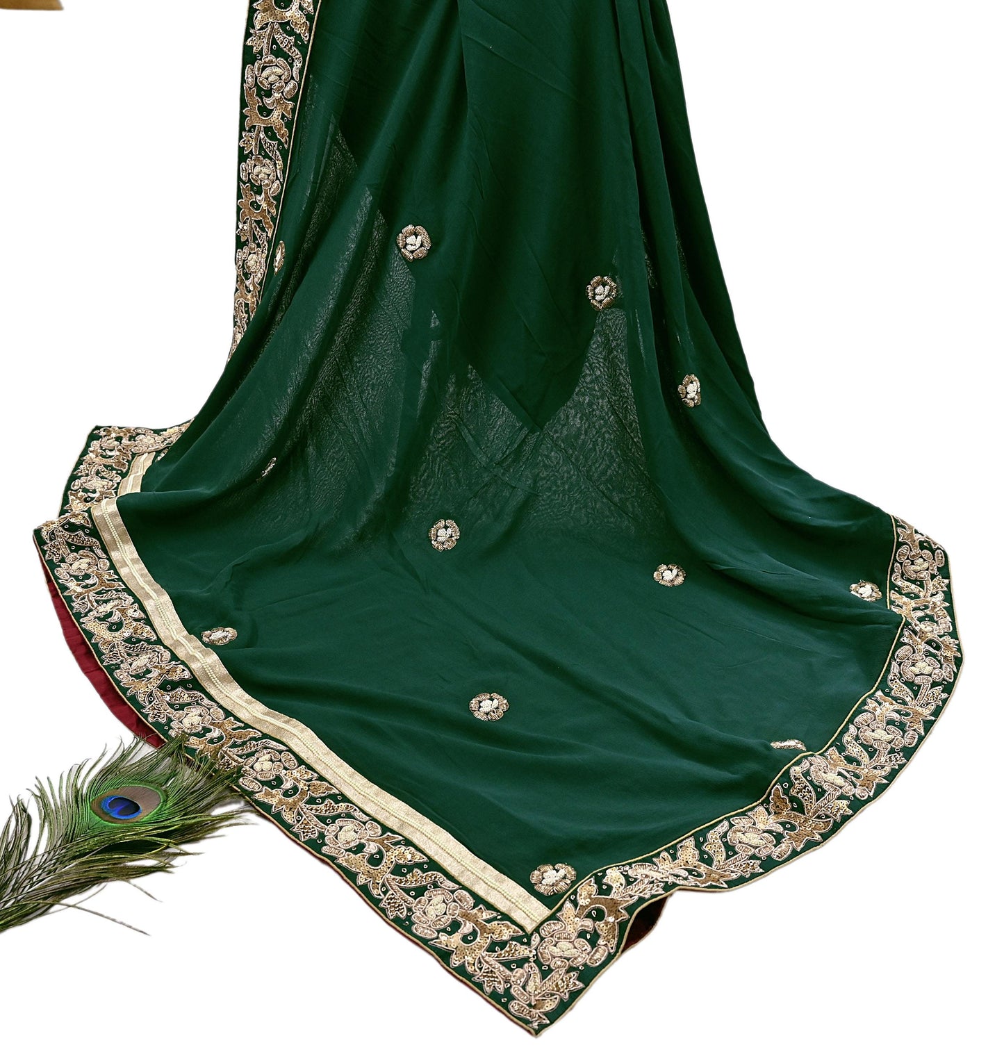 Indian Vintage Heavy Bottle Green Pure Georgette Silk Hand Embroidered Dupatta Designer By Anamika Khanna Bridal Wear Dabka Veil Hijab