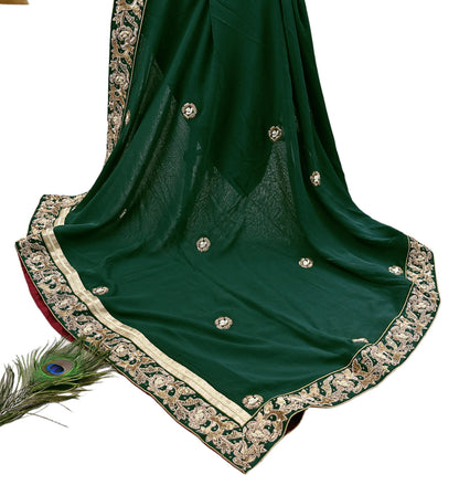 Indian Vintage Heavy Bottle Green Pure Georgette Silk Hand Embroidered Dupatta Designer By Anamika Khanna Bridal Wear Dabka Veil Hijab
