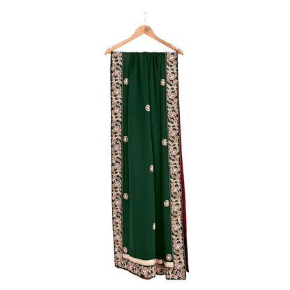 Indian Vintage Heavy Bottle Green Pure Georgette Silk Hand Embroidered Dupatta Designer By Anamika Khanna Bridal Wear Dabka Veil Hijab
