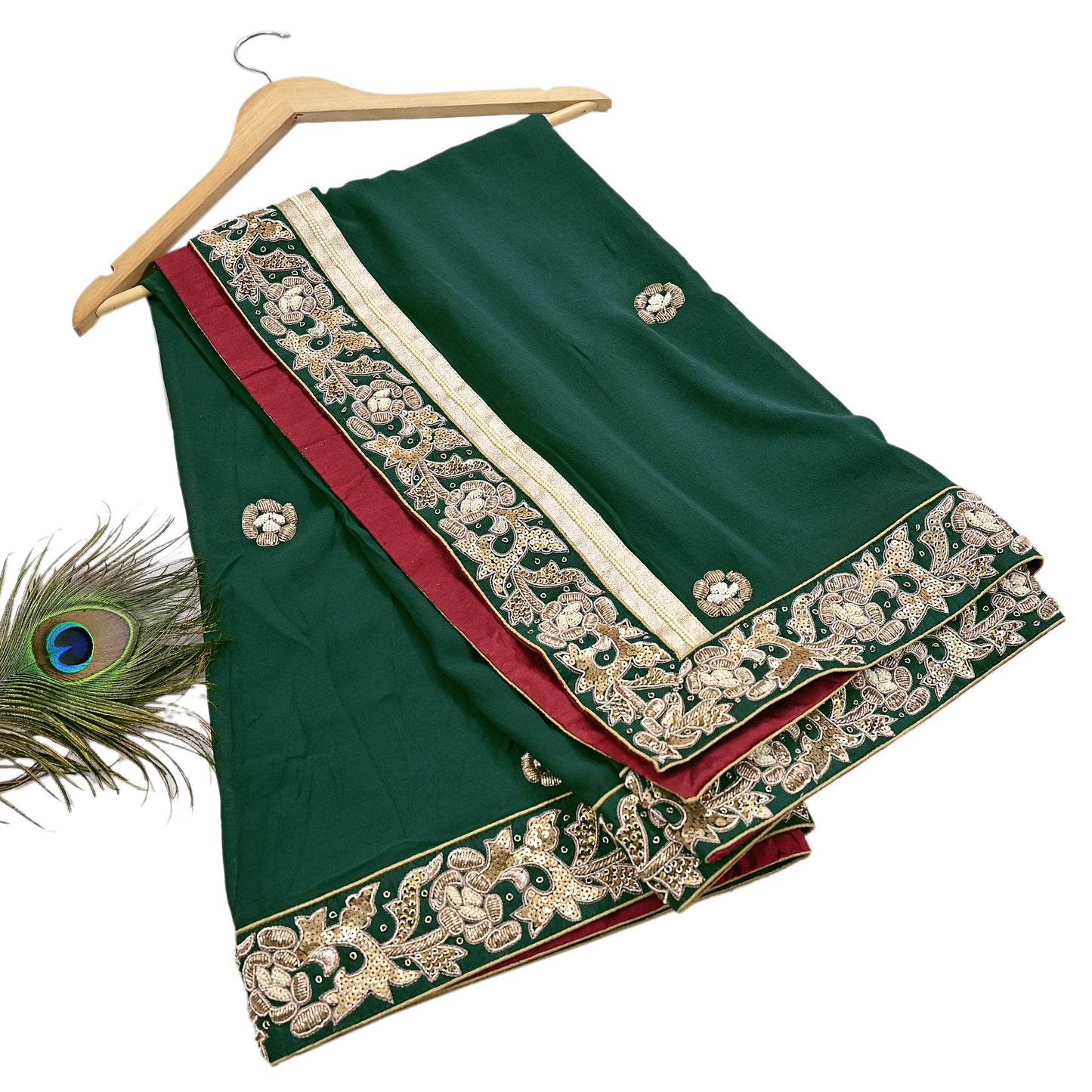 Indian Vintage Heavy Bottle Green Pure Georgette Silk Hand Embroidered Dupatta Designer By Anamika Khanna Bridal Wear Dabka Veil Hijab