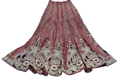 Party wear Heavy Maroon Pure Satin Silk Hand Embroidered Brocade Lehenga Skirt by Designer Tarun Tahiliani Bridal Wear Fashion