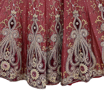 Party wear Heavy Maroon Pure Satin Silk Hand Embroidered Brocade Lehenga Skirt by Designer Tarun Tahiliani Bridal Wear Fashion
