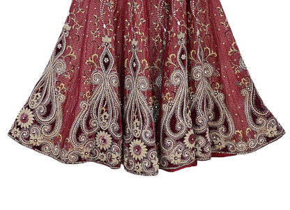 Party wear Heavy Maroon Pure Satin Silk Hand Embroidered Brocade Lehenga Skirt by Designer Tarun Tahiliani Bridal Wear Fashion