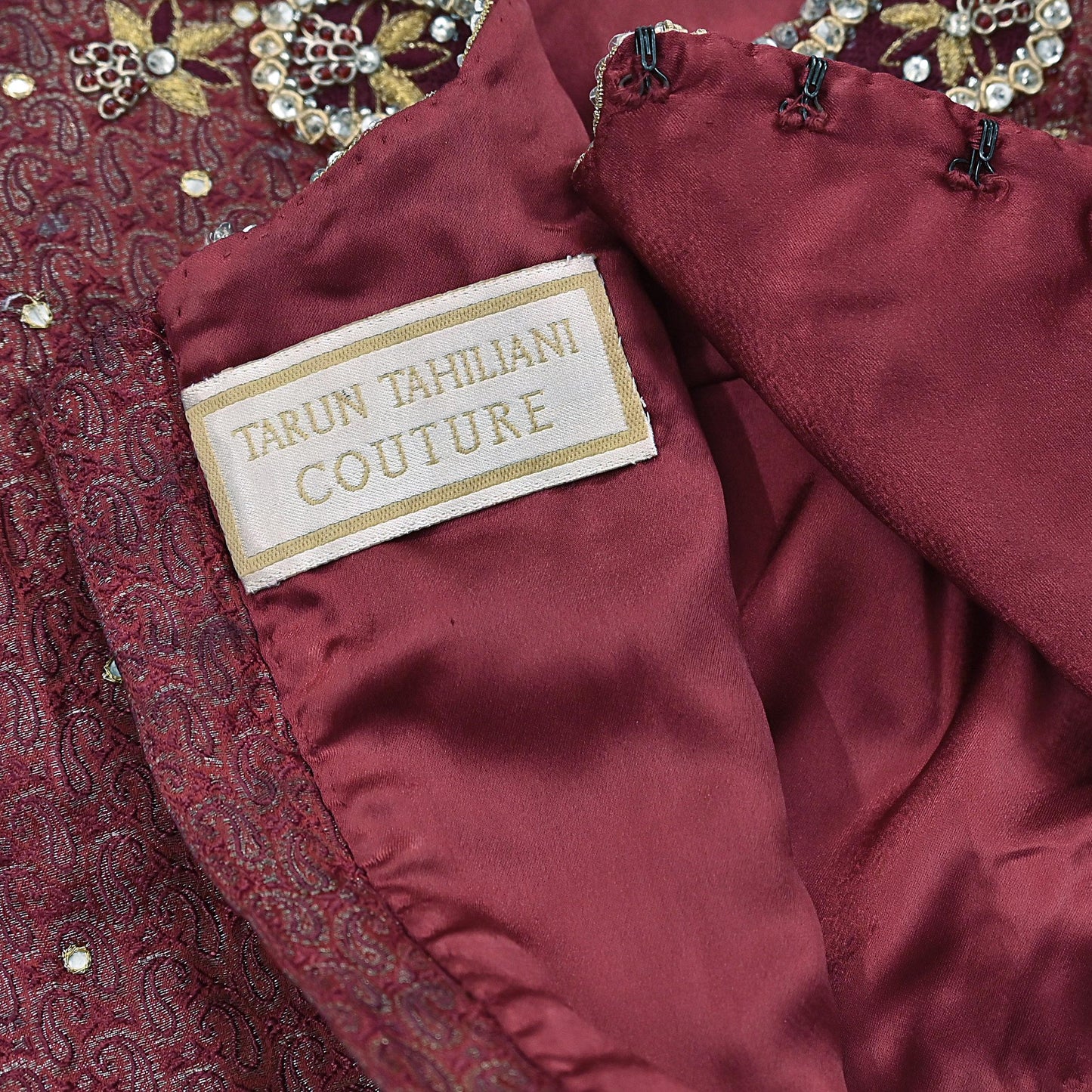 Indian Pre-owned Maroon Satin Silk Hand Embroidered Brocade By Designer Tarun Tahiliani Blouse/Top/Crop M Size Party wear Bollywood