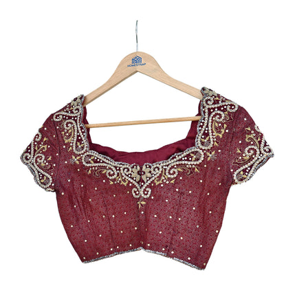 Indian Pre-owned Maroon Satin Silk Hand Embroidered Brocade By Designer Tarun Tahiliani Blouse/Top/Crop M Size Party wear Bollywood