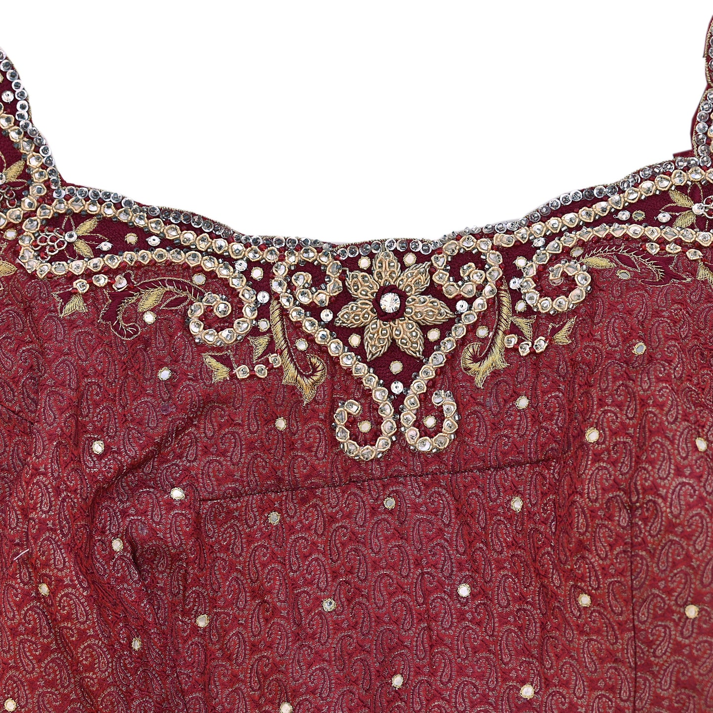 Indian Pre-owned Maroon Satin Silk Hand Embroidered Brocade By Designer Tarun Tahiliani Blouse/Top/Crop M Size Party wear Bollywood