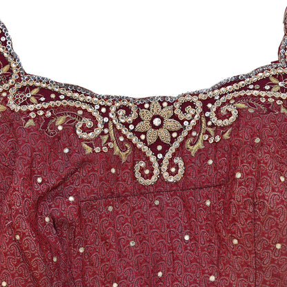 Indian Pre-owned Maroon Satin Silk Hand Embroidered Brocade By Designer Tarun Tahiliani Blouse/Top/Crop M Size Party wear Bollywood