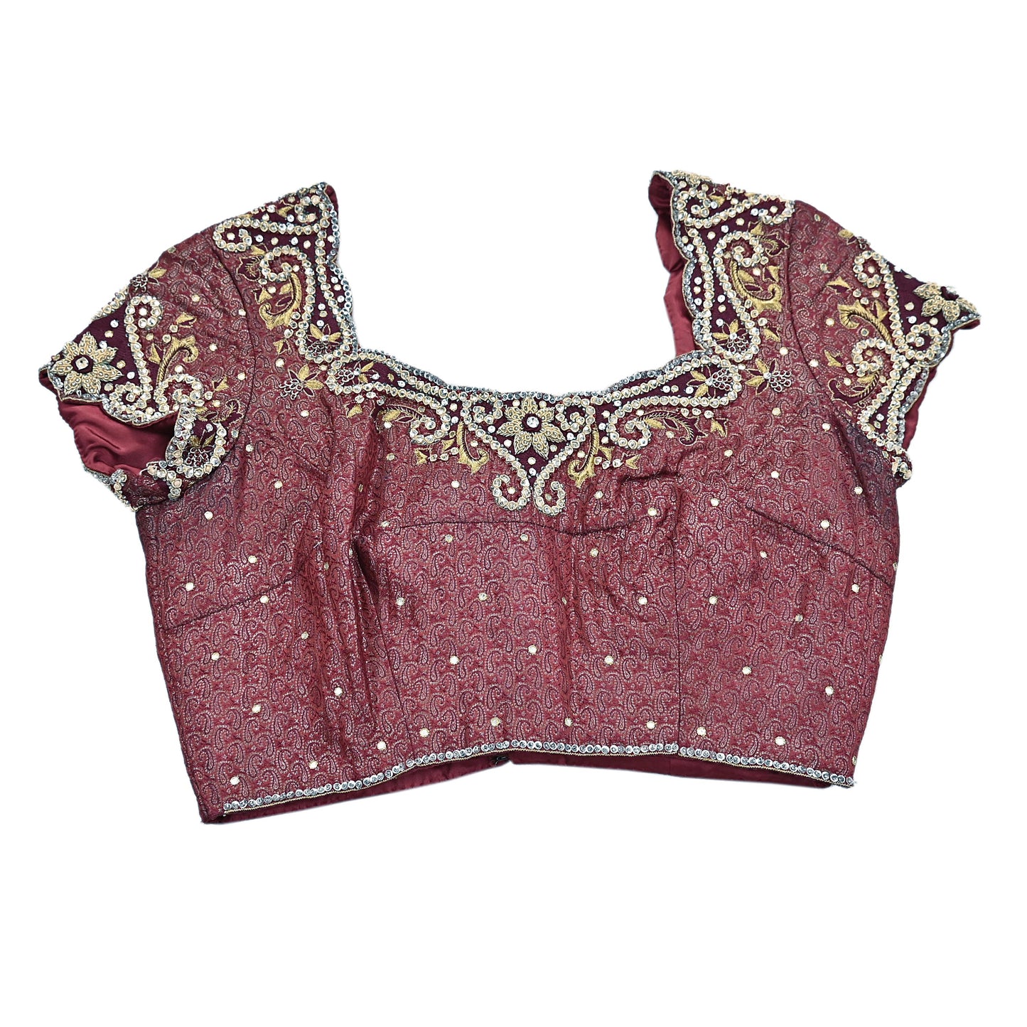 Indian Pre-owned Maroon Satin Silk Hand Embroidered Brocade By Designer Tarun Tahiliani Blouse/Top/Crop M Size Party wear Bollywood