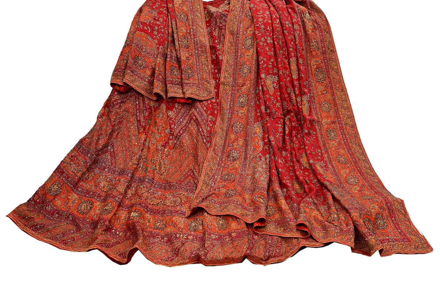 Indian Pre-owned Orange & Red Pure Silk Hand Embroidered Ritu Kumar Designer Lehenga 3pcs Set Ethnic Bollywood Party Wear