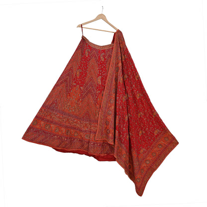 Indian Pre-owned Orange & Red Pure Silk Hand Embroidered Ritu Kumar Designer Lehenga 3pcs Set Ethnic Bollywood Party Wear