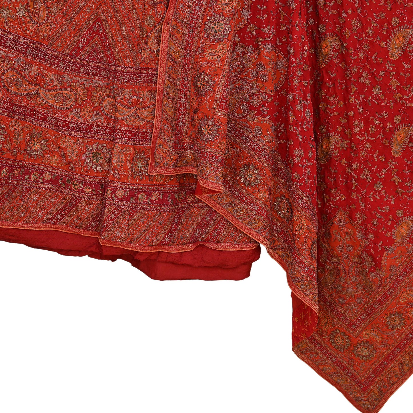 Indian Pre-owned Orange & Red Pure Silk Hand Embroidered Ritu Kumar Designer Lehenga 3pcs Set Ethnic Bollywood Party Wear