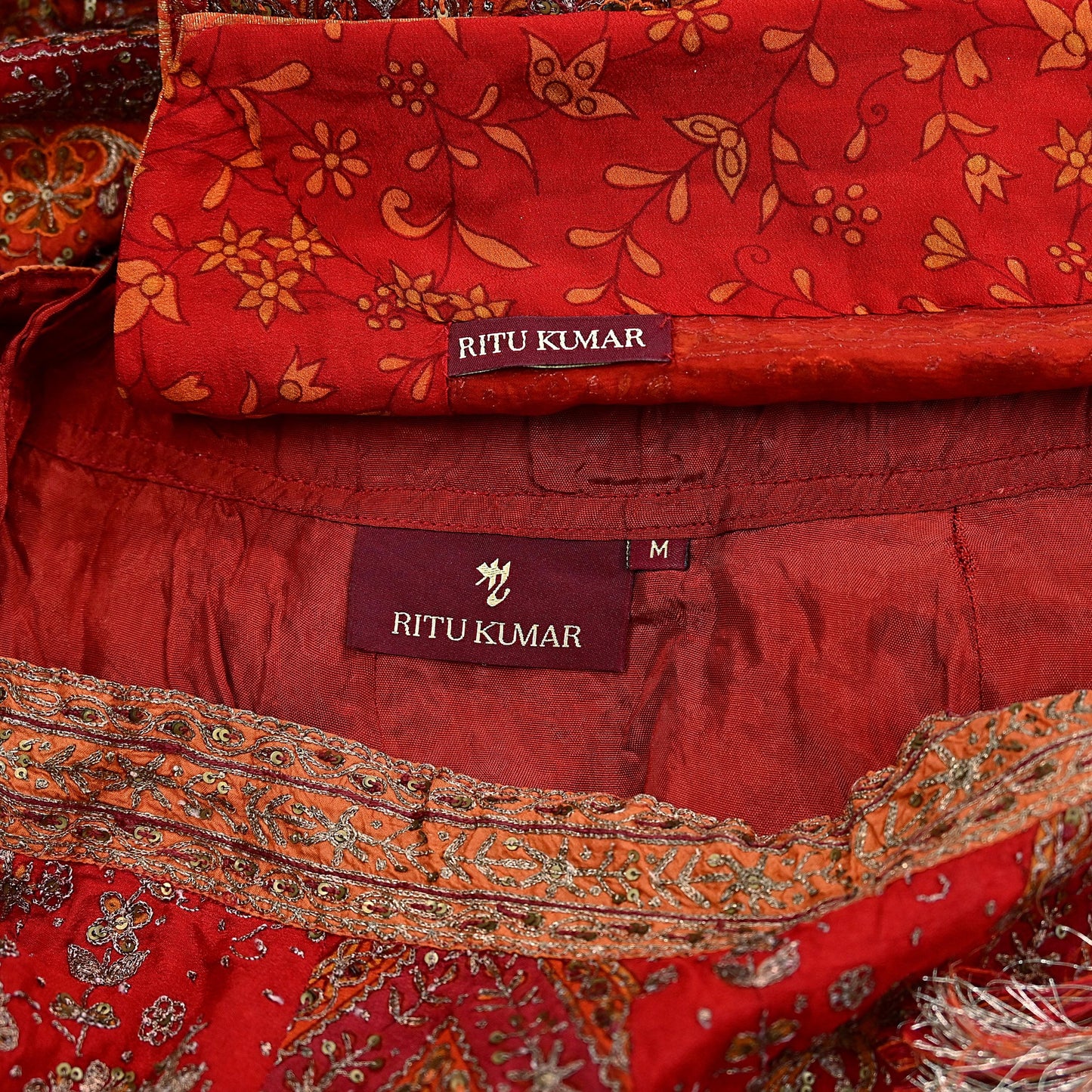 Indian Pre-owned Orange & Red Pure Silk Hand Embroidered Ritu Kumar Designer Lehenga 3pcs Set Ethnic Bollywood Party Wear