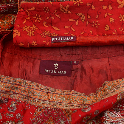 Indian Pre-owned Orange & Red Pure Silk Hand Embroidered Ritu Kumar Designer Lehenga 3pcs Set Ethnic Bollywood Party Wear
