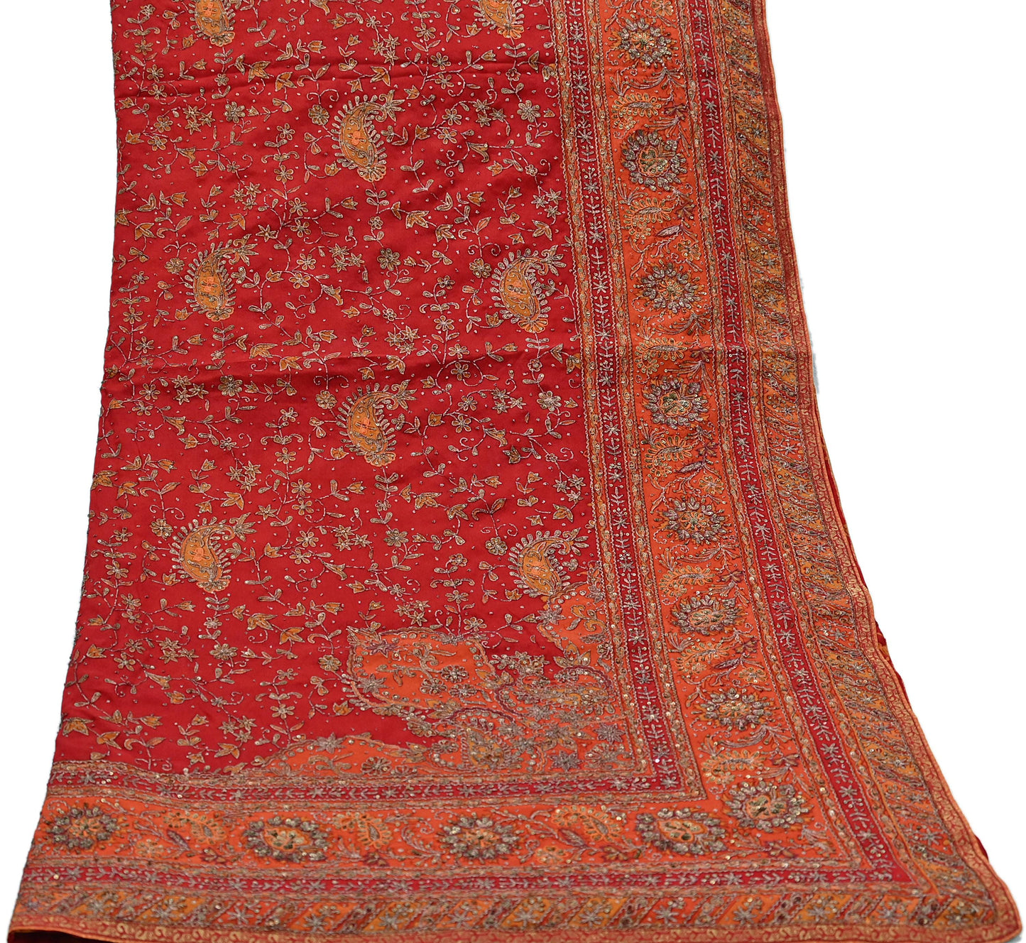 Indian Vintage Heavy Orange & Red Dupatta Pure Silk Long Stole Hand Embroidered Designer By Ritu Kumar Scarves Scarf Zari Zardozi
