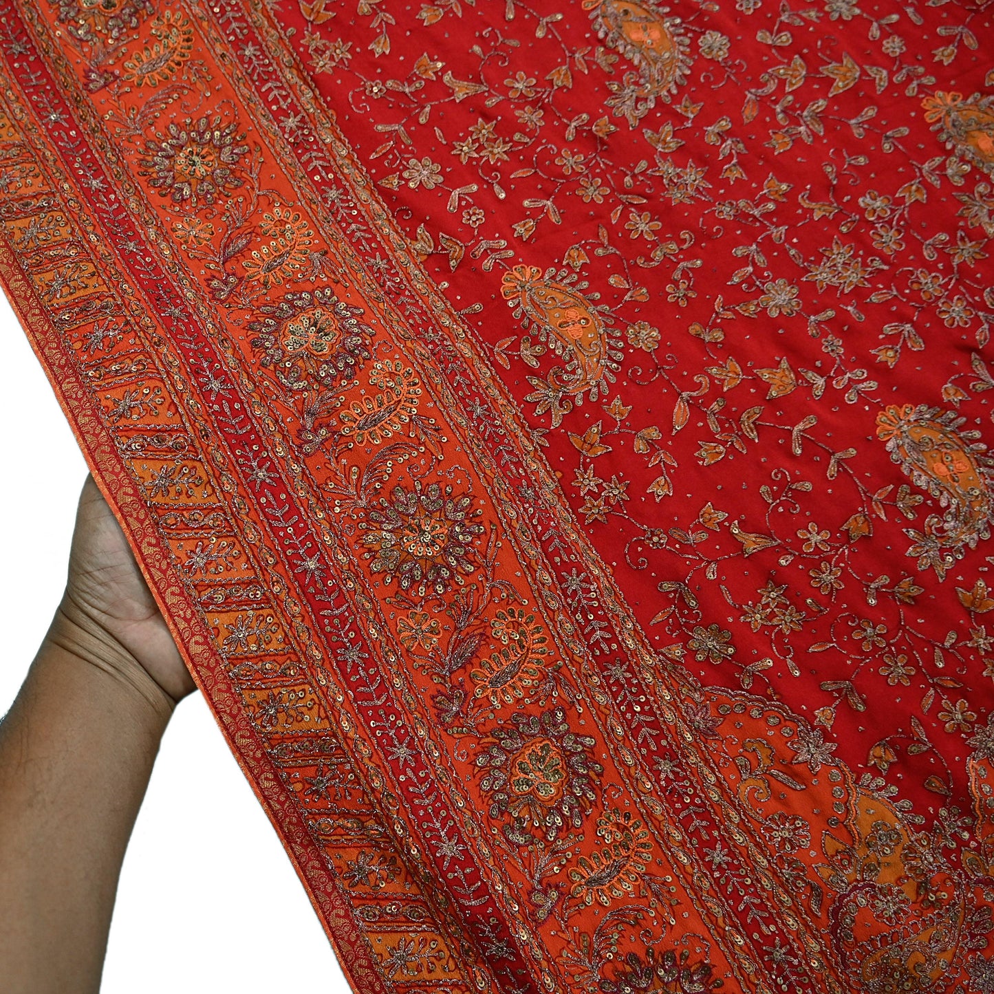 Indian Vintage Heavy Orange & Red Dupatta Pure Silk Long Stole Hand Embroidered Designer By Ritu Kumar Scarves Scarf Zari Zardozi