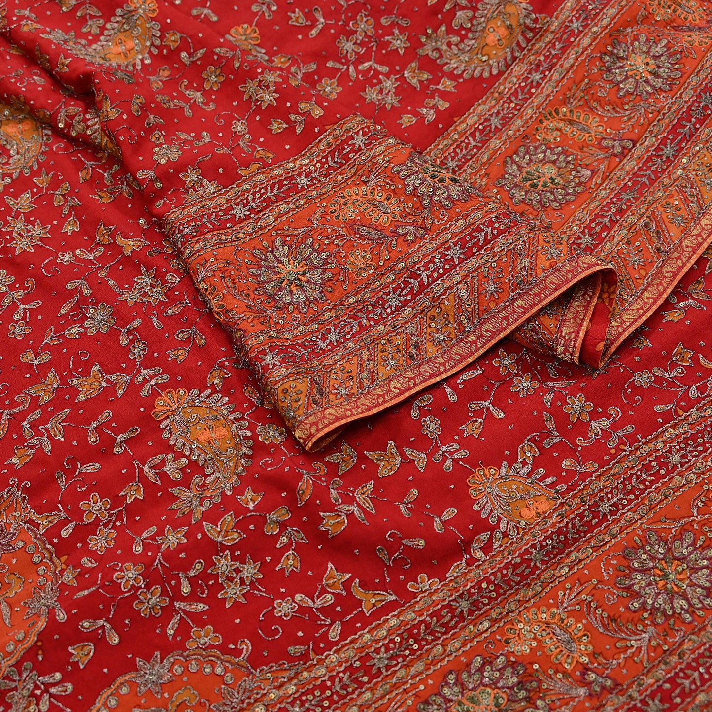 Indian Vintage Heavy Orange & Red Dupatta Pure Silk Long Stole Hand Embroidered Designer By Ritu Kumar Scarves Scarf Zari Zardozi