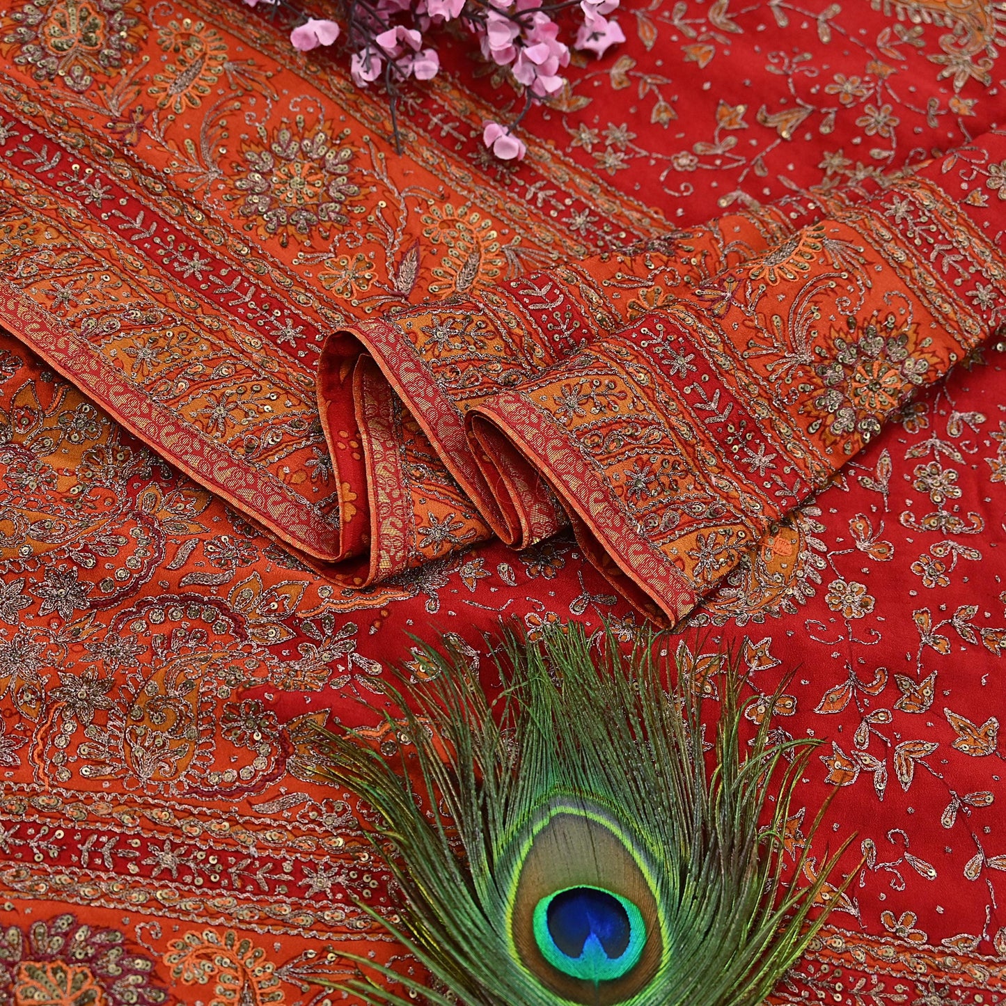 Indian Vintage Heavy Orange & Red Dupatta Pure Silk Long Stole Hand Embroidered Designer By Ritu Kumar Scarves Scarf Zari Zardozi