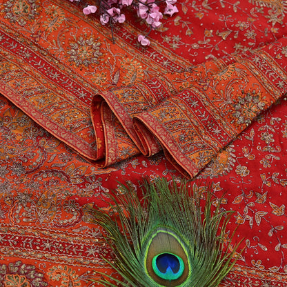 Indian Vintage Heavy Orange & Red Dupatta Pure Silk Long Stole Hand Embroidered Designer By Ritu Kumar Scarves Scarf Zari Zardozi