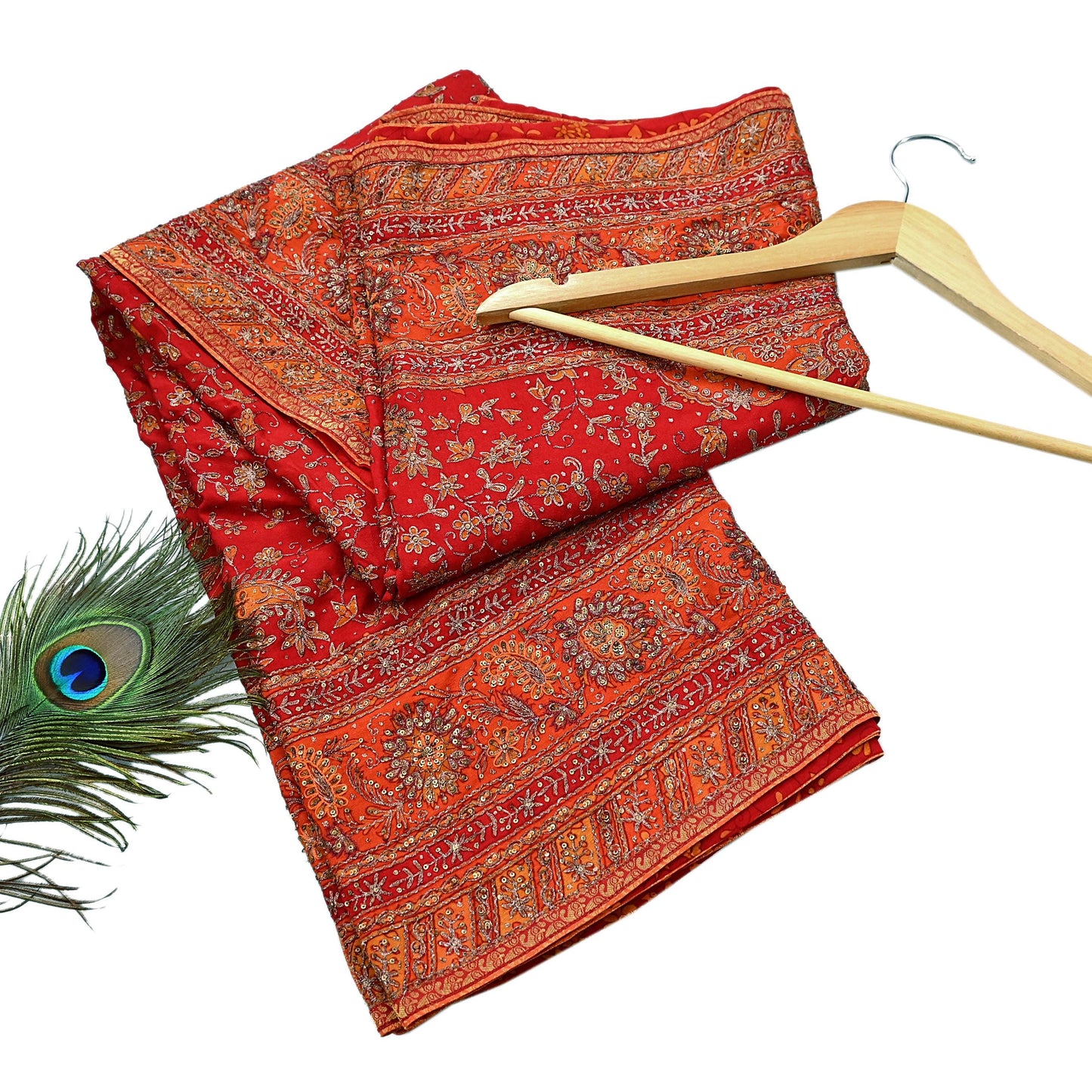 Indian Vintage Heavy Orange & Red Dupatta Pure Silk Long Stole Hand Embroidered Designer By Ritu Kumar Scarves Scarf Zari Zardozi