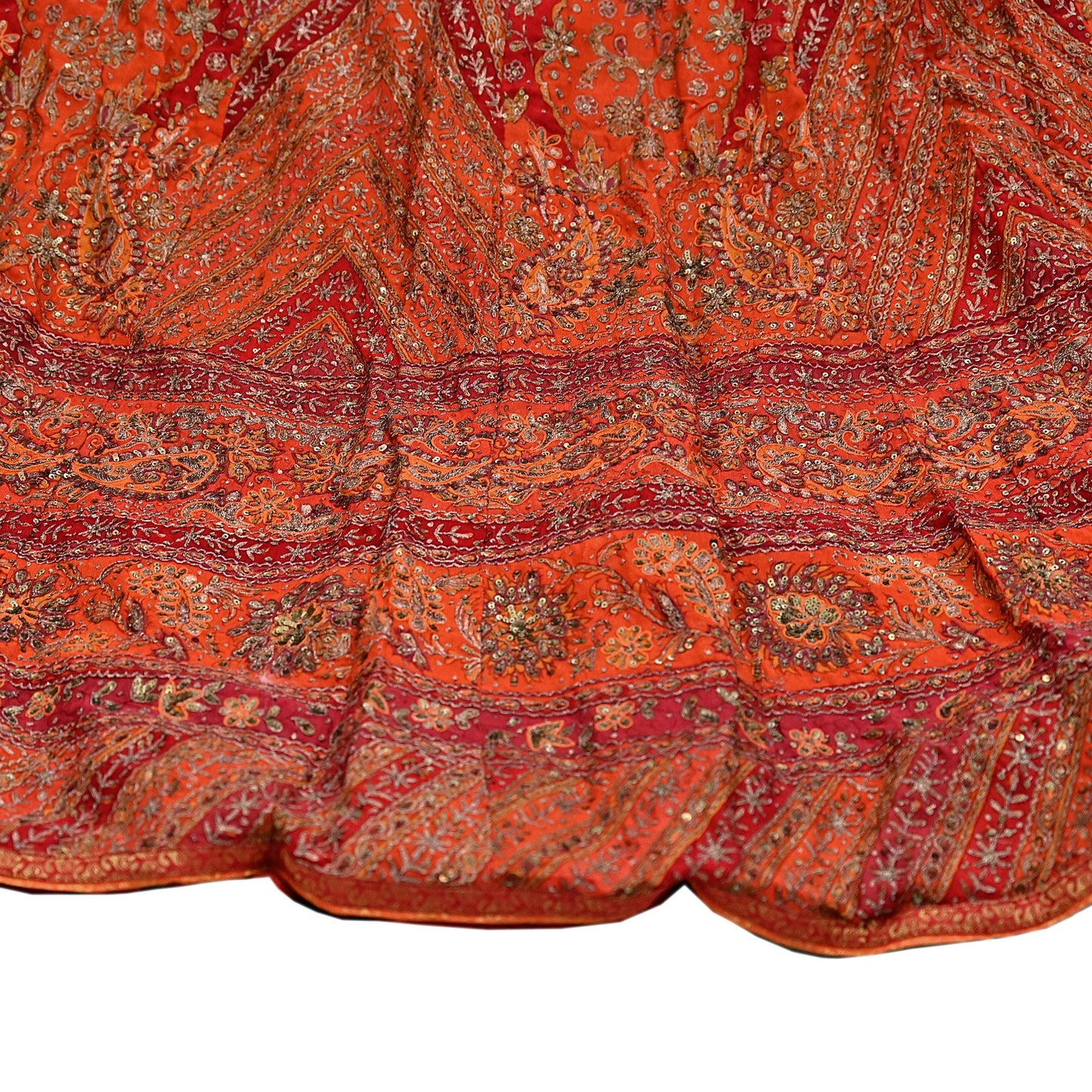 Indian Pre-owned Red & Orange Pure Silk Hand Embroidered Ritu Kumar Designer Lehenga/Skirt Ethnic Bollywood Party Wear