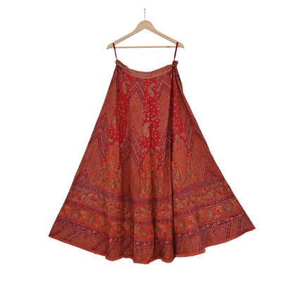 Indian Pre-owned Red & Orange Pure Silk Hand Embroidered Ritu Kumar Designer Lehenga/Skirt Ethnic Bollywood Party Wear