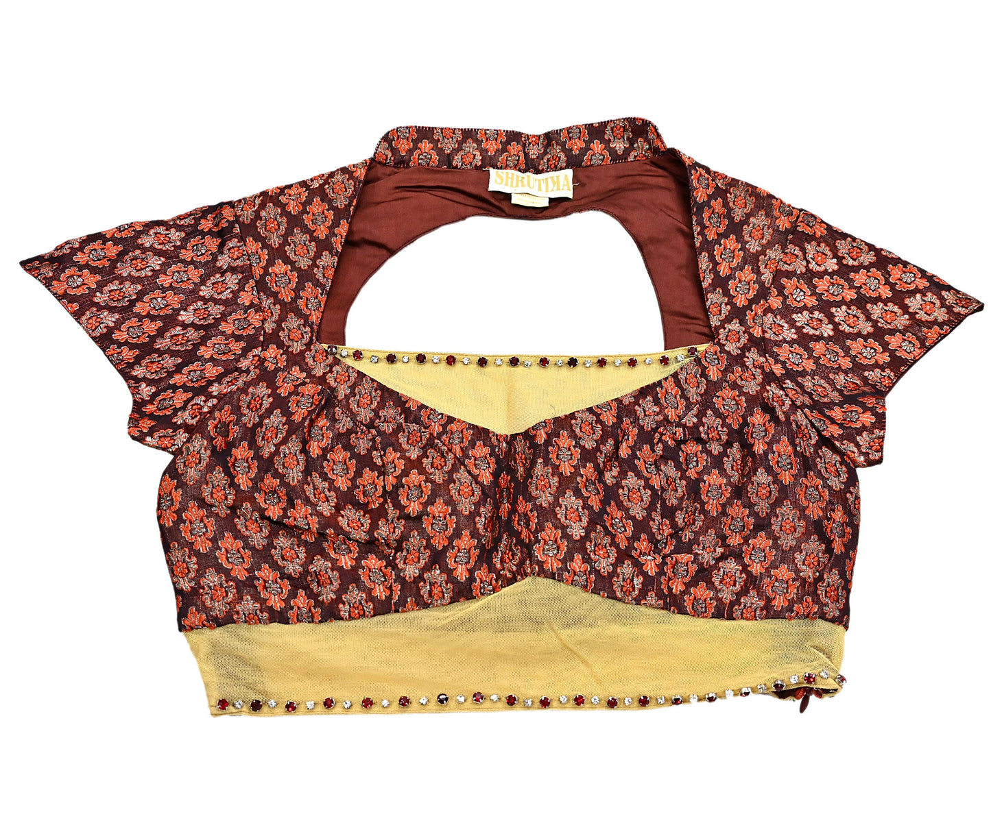 Indian Pre-owned pure Satin Silk net Hand Embroidered Brocade By Designer Shrutika Blouse/Top/Crop M Size Party wear Bollywood