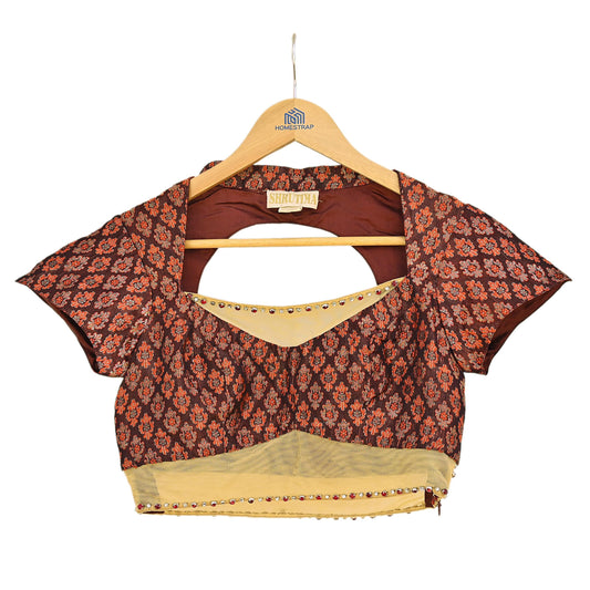 Indian Pre-owned pure Satin Silk net Hand Embroidered Brocade By Designer Shrutika Blouse/Top/Crop M Size Party wear Bollywood