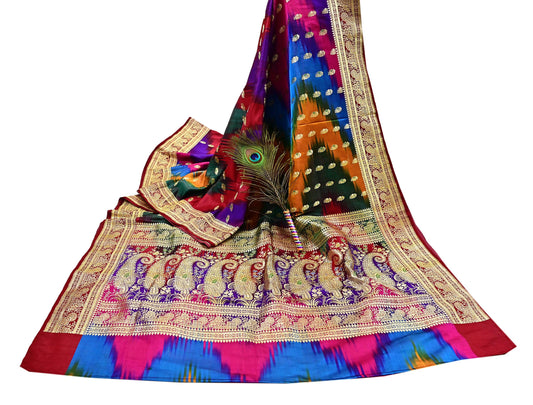 Indian Vintage Multi Heavy Wedding Saree Pure Satin Silk Woven Brocade Banarasi Sarees Sari Fabric Golden Zari 5Yd