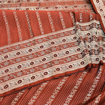 Vintage Rusty Orange Banarasi Silk Saree Pure Satin Silk Hand woven Brocade Fabric with Floral Weave 5 Yard Dressmaking Craft Material