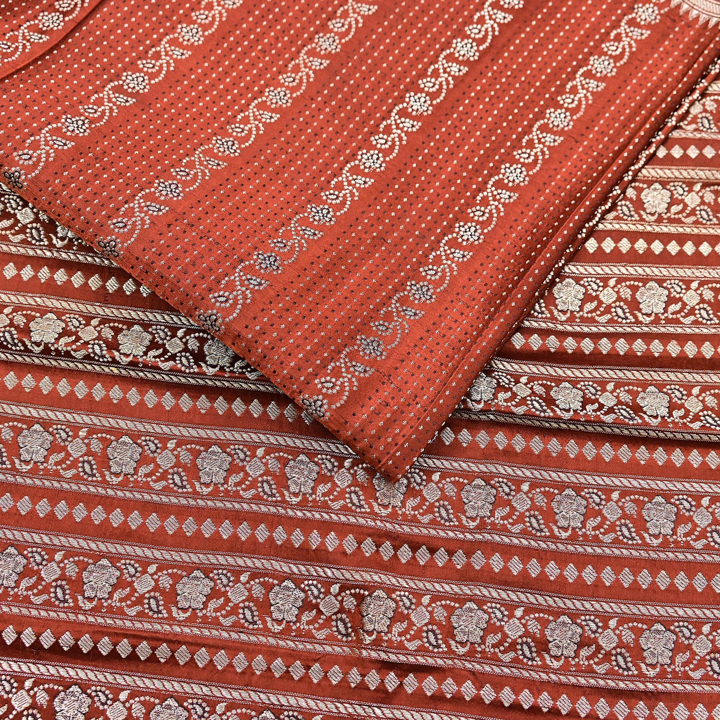 Vintage Rusty Orange Banarasi Silk Saree Pure Satin Silk Hand woven Brocade Fabric with Floral Weave 5 Yard Dressmaking Craft Material