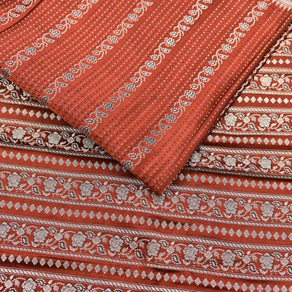 Vintage Rusty Orange Banarasi Silk Saree Pure Satin Silk Hand woven Brocade Fabric with Floral Weave 5 Yard Dressmaking Craft Material