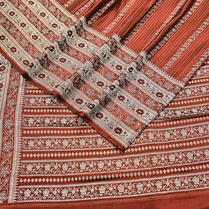 Vintage Rusty Orange Banarasi Silk Saree Pure Satin Silk Hand woven Brocade Fabric with Floral Weave 5 Yard Dressmaking Craft Material