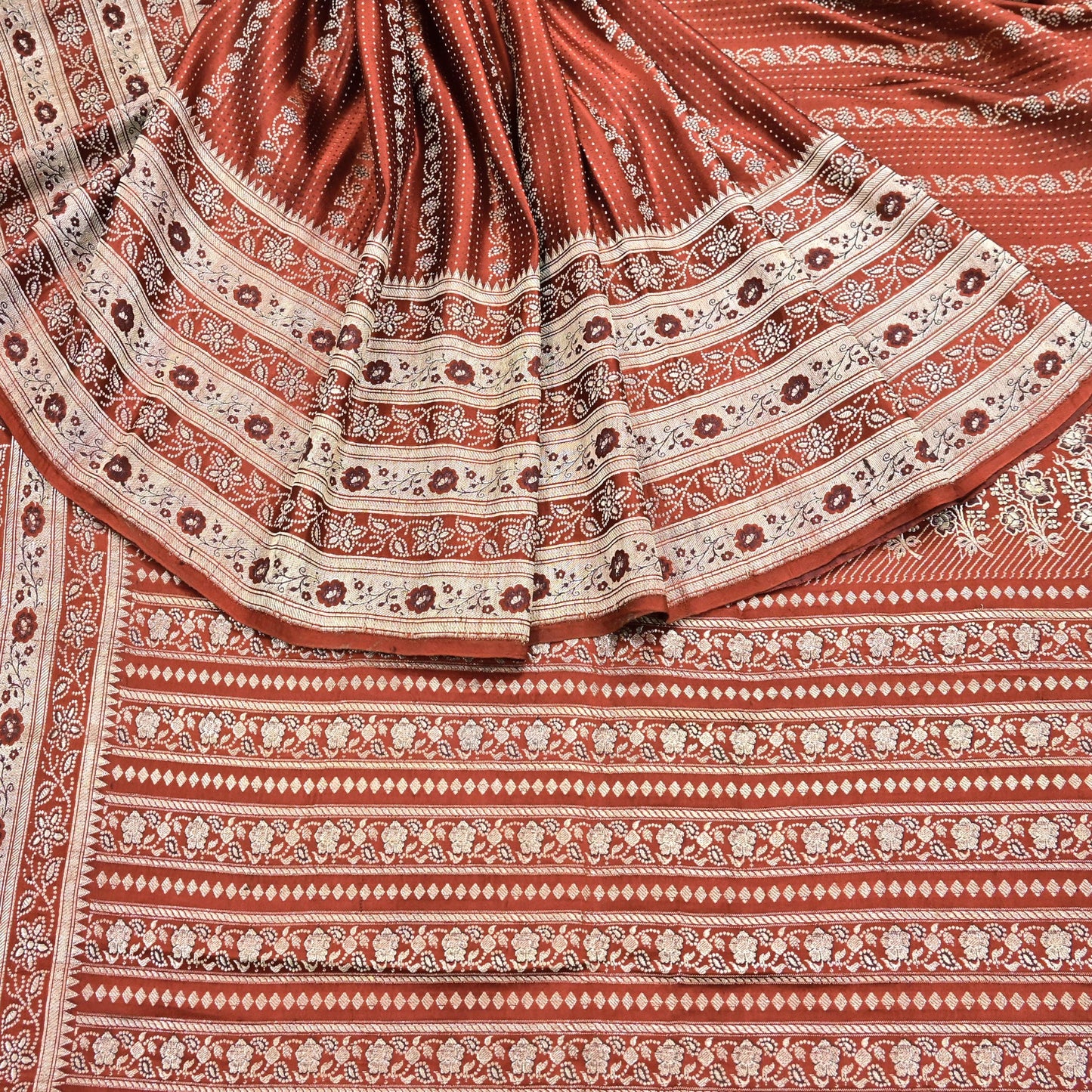 Vintage Rusty Orange Banarasi Silk Saree Pure Satin Silk Hand woven Brocade Fabric with Floral Weave 5 Yard Dressmaking Craft Material