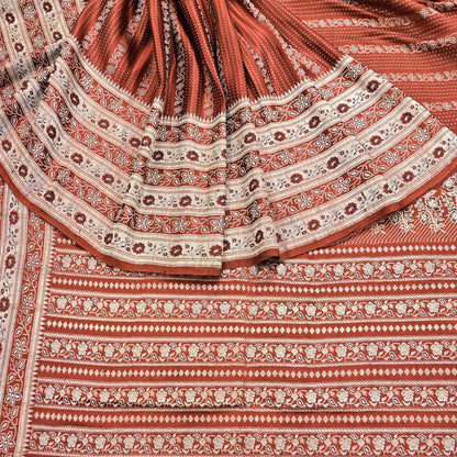 Vintage Rusty Orange Banarasi Silk Saree Pure Satin Silk Hand woven Brocade Fabric with Floral Weave 5 Yard Dressmaking Craft Material