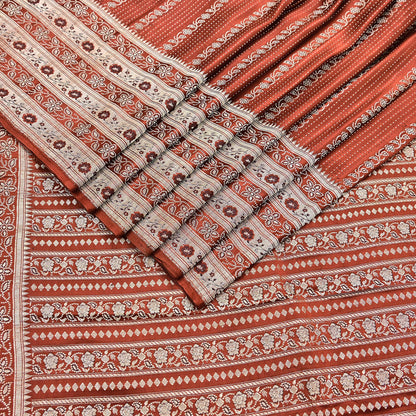 Vintage Rusty Orange Banarasi Silk Saree Pure Satin Silk Hand woven Brocade Fabric with Floral Weave 5 Yard Dressmaking Craft Material